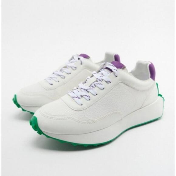 Zara Women's Sneakers Lace-Up Off White Purple Green Size EU 39 - Picture 1 of 11